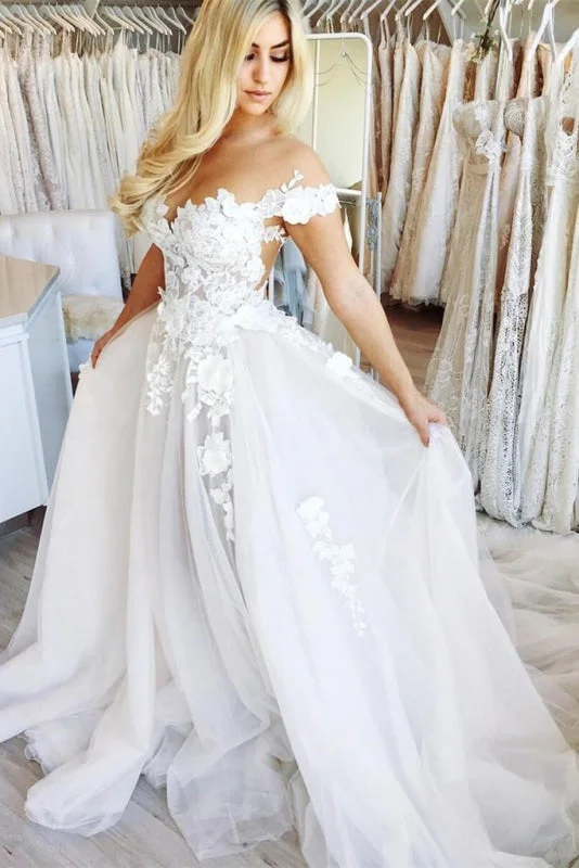 New Chapel Train Appliques Tulle Wedding Dress