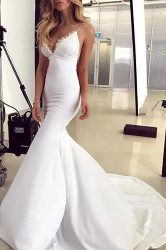 Spaghetti Straps Mermaid Lace Appliques Sexy Backless Wedding Dress