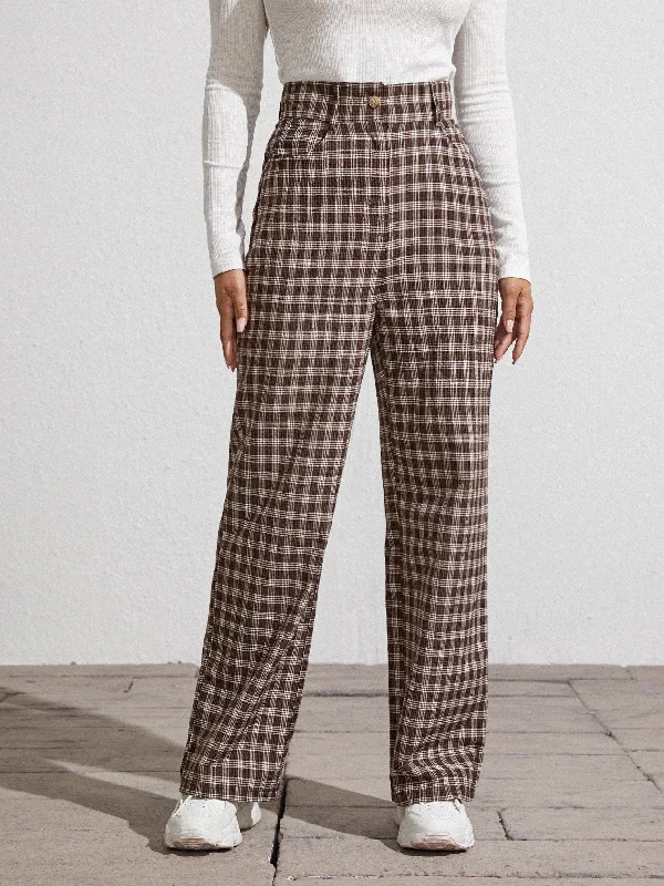 Preppy Plaid Zipper High Waist Long Women Pants