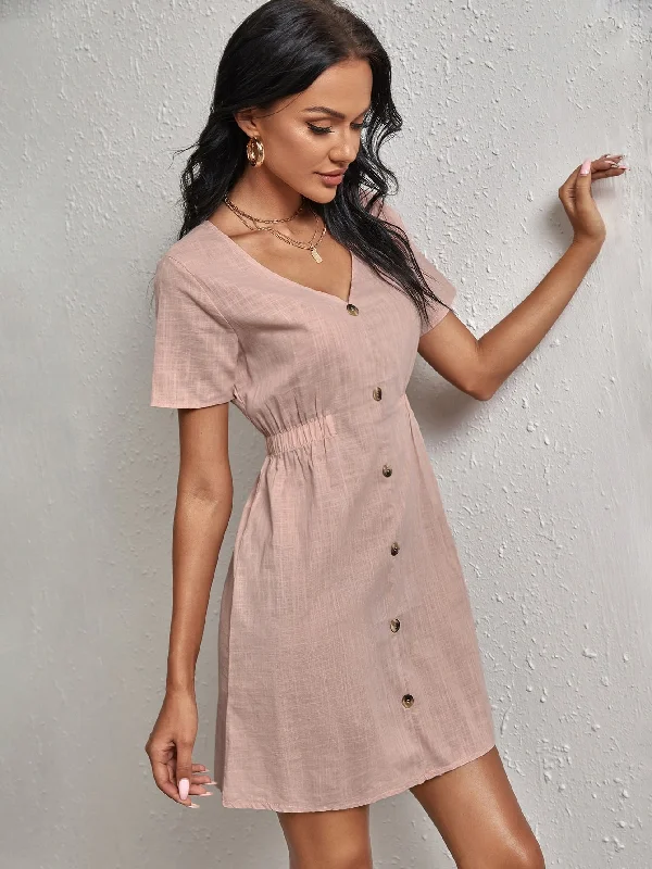 Plain Button Short Sleeve V Neck Semi-Sheer Straight High Waist Short Dress