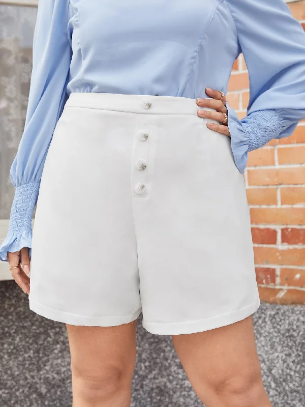 Casual Plain Button Front Plus Size Shorts