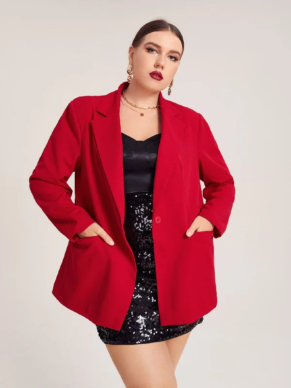 Elegant Plain Pocket Long Sleeve Lapel Long Plus Size Blazer