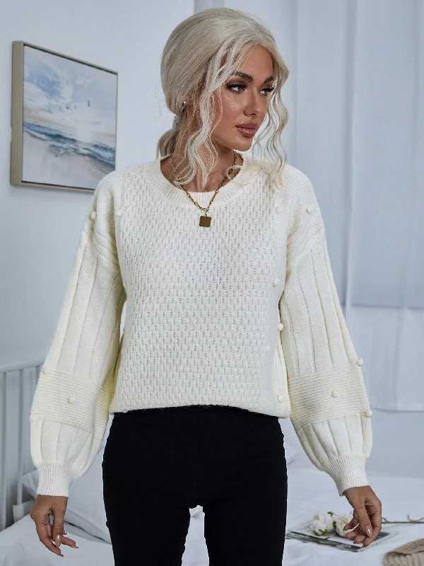 Casual Plain Rib-Knit Long Sleeve Round Neck Regular Women Sweater