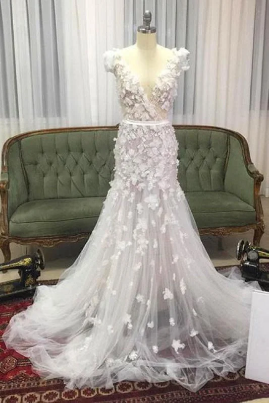 Glorious Best Modest Unique Mermaid V-neck Wedding Dress with Hand-made Flowers Tulle Prom dress