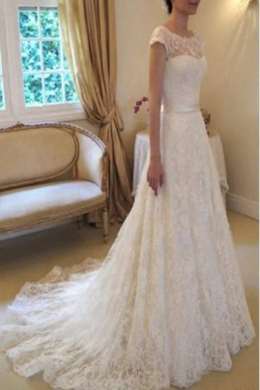 Cap Sleeve Lace Long With Court Train Ivory Beach Wedding Dress