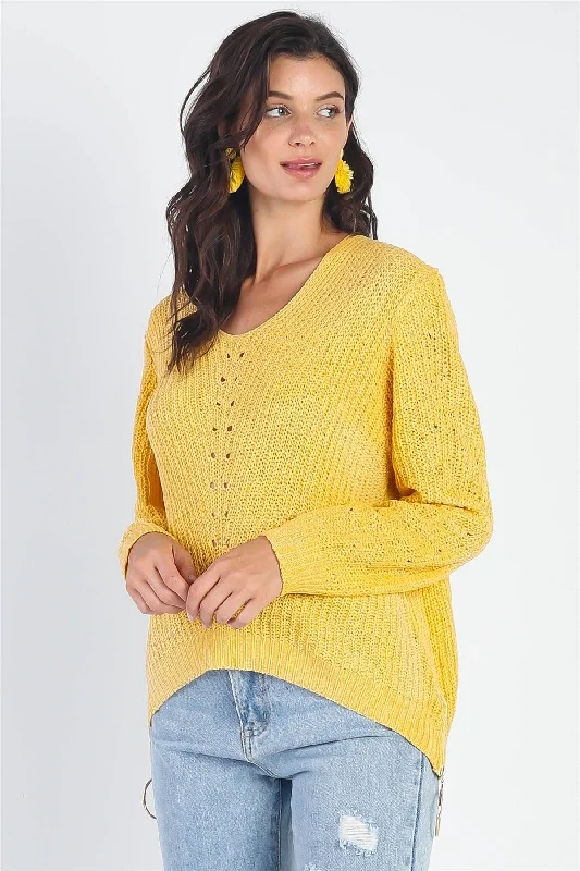 Yellow Knit Zip-Down Long Sleeve Knit Light Sweater Top