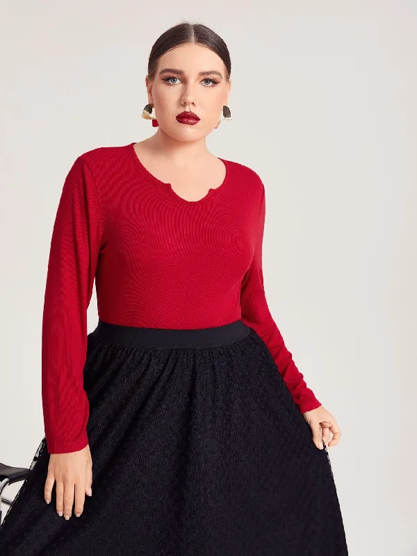 Plain Long Sleeve Notched Regular Plus Size T-Shirt