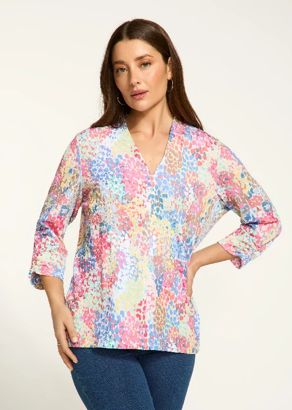 3/4 Sleeve V-Neck Top, Spectral Print