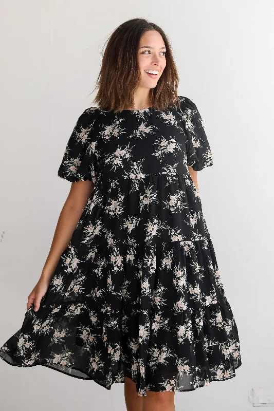 FINAL SALE - Perfectly Cherished Black Floral Tiered Midi Dress