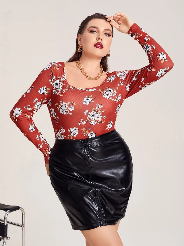 Elegant Floral Long Sleeve Square Neck Plus Size Bodysuit