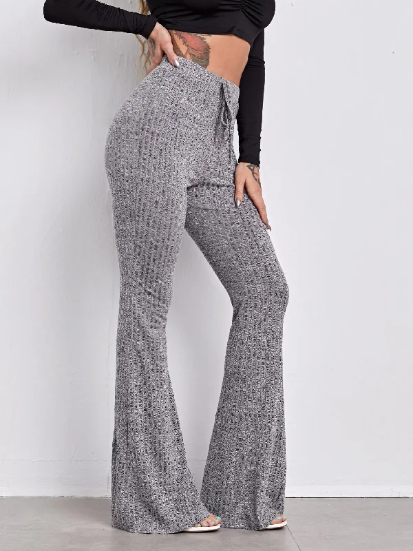 Casual Plain Tie Front High Waist Long Women Pants