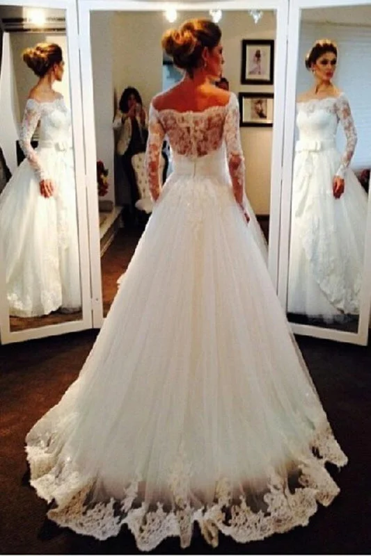 Elegant Tulle Lace Off-the-shoulder Long Sleeve Wedding Dress