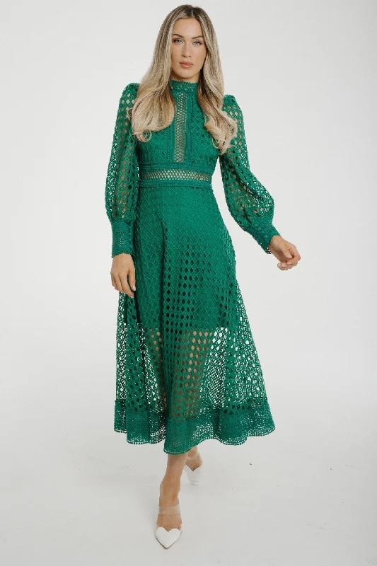 Holly High Neck Embroidered Dress In Green