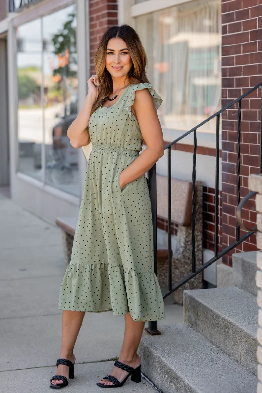 Polka Dottie Ruffle Trim Midi Dress