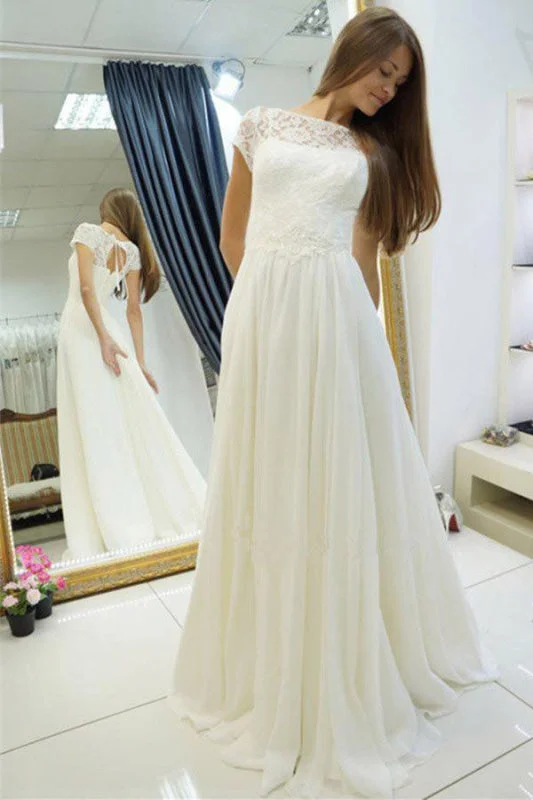 A-line Beach Gown Sweep Train Cap Sleeves Wedding Dress