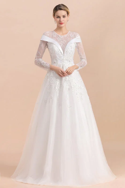 Elegant Floor Length Lace Long Sleeve Wedding Dress