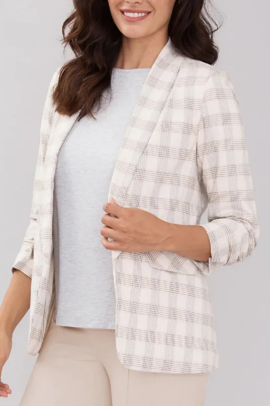 Lapel Collar Ruched Sleeve Plaid Crepe Blazer