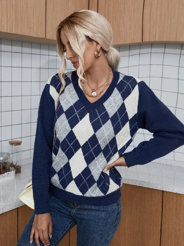 Preppy Geometric Rib-Knit Long Sleeve V Neck Regular Women Sweater