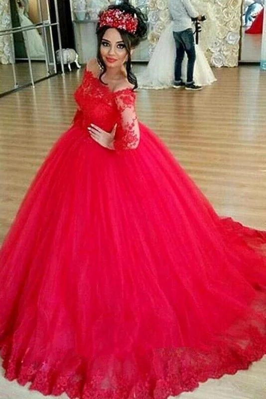 Glorious Excellent Sleek Red Long Sleeve Off-the-shoulder Lace Wedding Dress Ball Gown Quinceanera Dresses