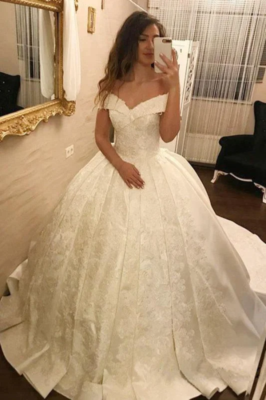 Ivory Ball Gown Off-the-Shoulder Pleated Satin Lace Appliques Wedding Dress