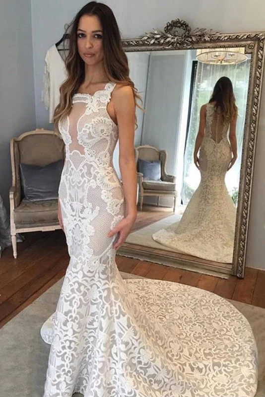 Delicate Illusion Court Train Lace Mermaid Wedding Dress