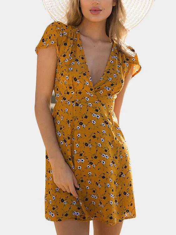 Wholesale Yellow Deep V Neck Short Sleeve Floral Print Calico Lace-Up Slit Hem Mini Dress