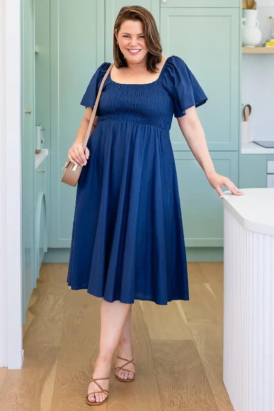 Ailish Shirred Midi Dress Deep Blue