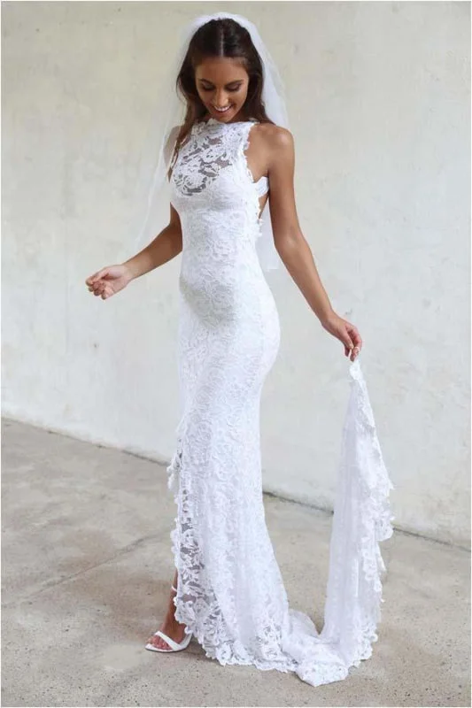 Sexy Mermaid Jewel Lace Backless With Court Train Beach Wedding Dress