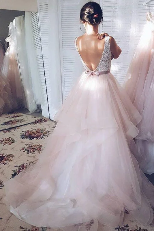 Light Pink V-neck Sleeveless Sweep Train Lace Top Tulle Wedding Dress