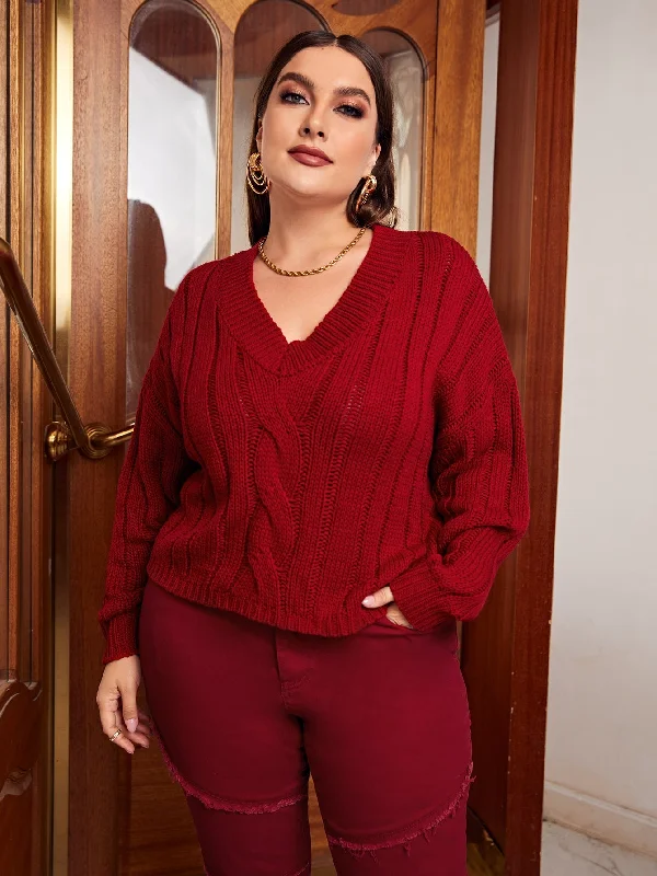 Plain Long Sleeve V Neck Regular Plus Size Sweater