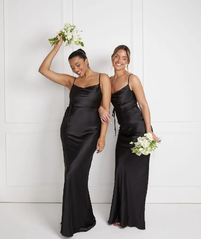 Cami Cowl Front Satin Bridesmaid Dress - Black