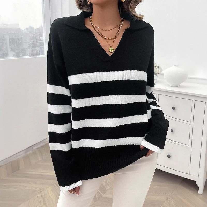 Autumn Winter Casual Loose Contrast Color Lapel Sweater Top Wholesale Womens Clothing N3824062400016