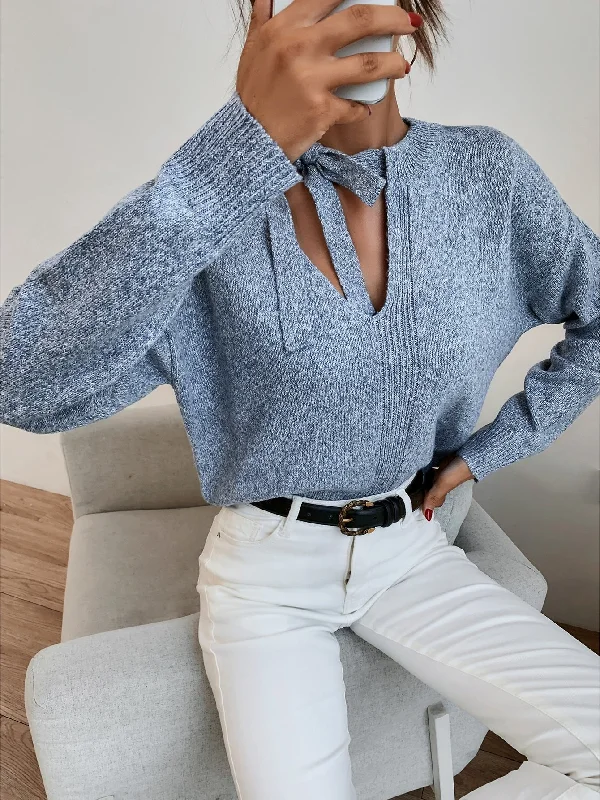 Casual Plain Tie Front Long Sleeve Tie Neck Regular Women Sweater