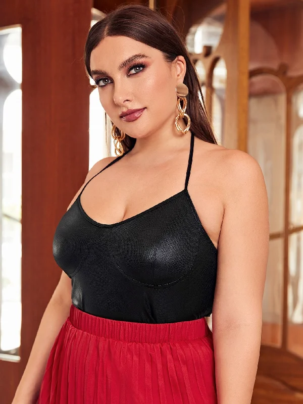 Plain Knot Spaghetti Strap Crop Plus Size Tank Top & Cami