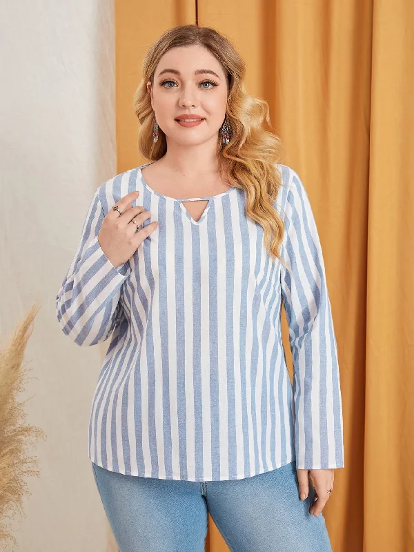 Casual Striped Long Sleeve Keyhole Neckline Regular Plus Size Blouse