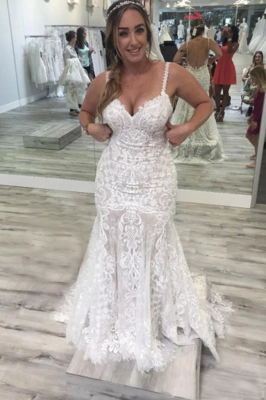 Spaghetti Straps Mermaid V Neck Backless Lace Wedding Dress