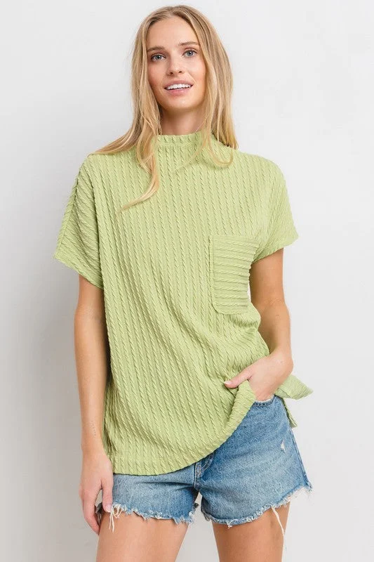 Ces Femme Texture Mock Neck Short Sleeve Knit Top