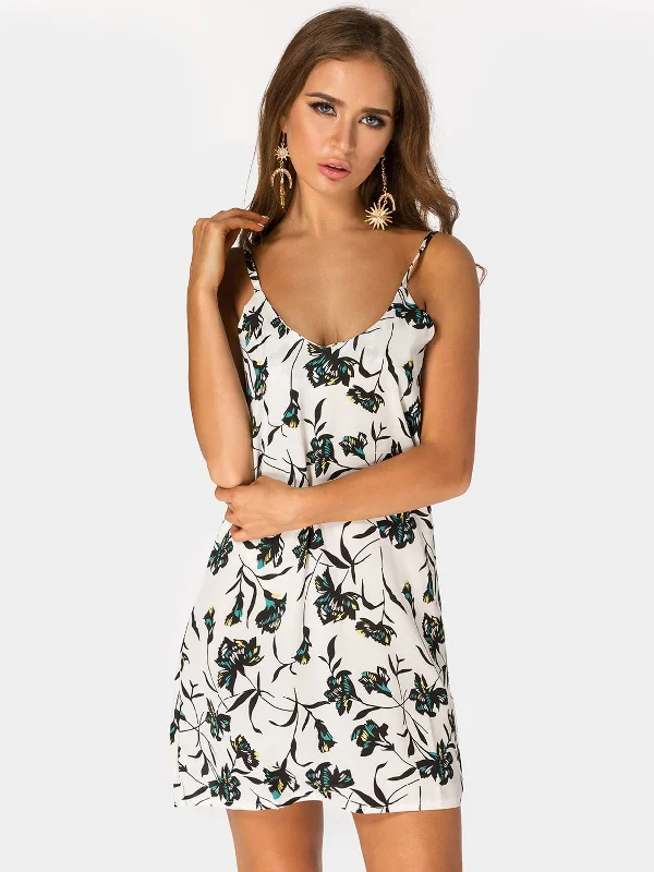 Wholesale White V-Neck Floral Print Mini Dress