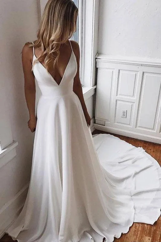 Simple Spaghetti Strap Chiffon Beach Wedding Dress