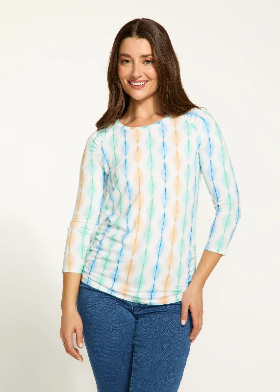 3/4 Sleeve Scoop Neck Top, Yellow Wave Stripe