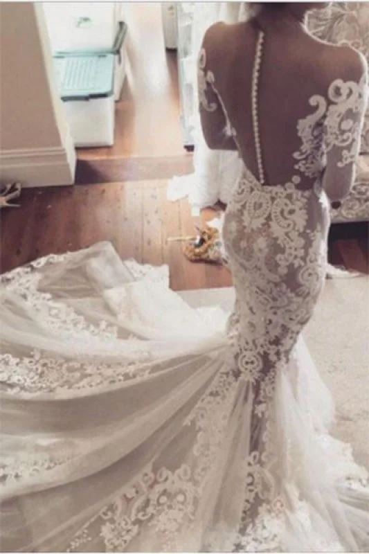 Pretty Mermaid Lace Appliques Long Sleeves Sheer Tulle Wedding Dress