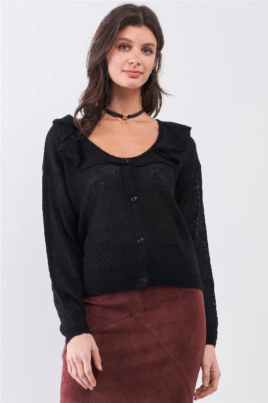 Black Round Neck Bertha Collar Button-Front Cardigan /3-2-1