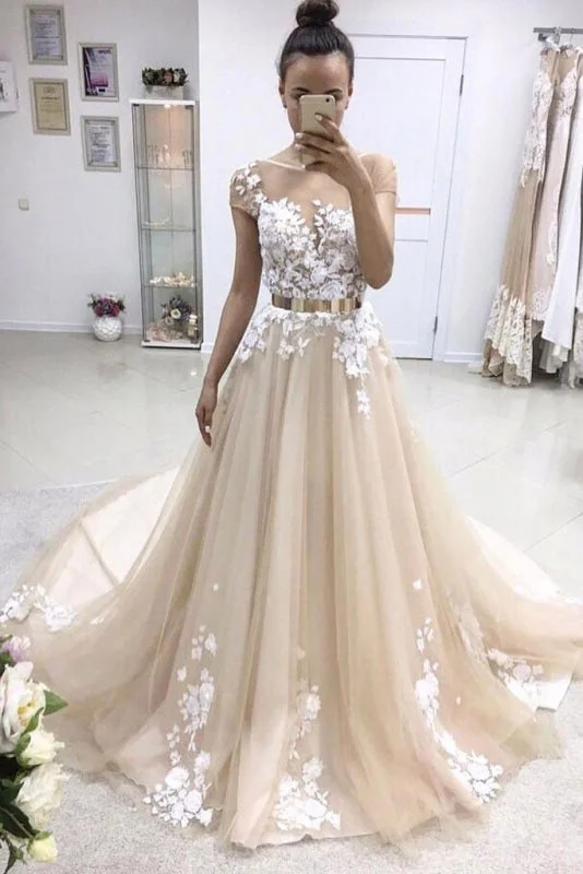 A-line Bateau Lace Appliqued Gold Sash Short Sleeves Wedding Dress