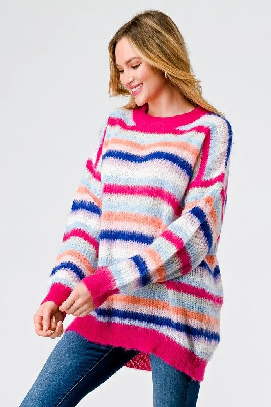 Fuchsia Mix Stripe Knit Long Sleeve Knit Sweater