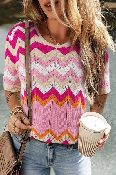 Stripe Chevron Openwork Round Neck Short Sleeve Knit Top