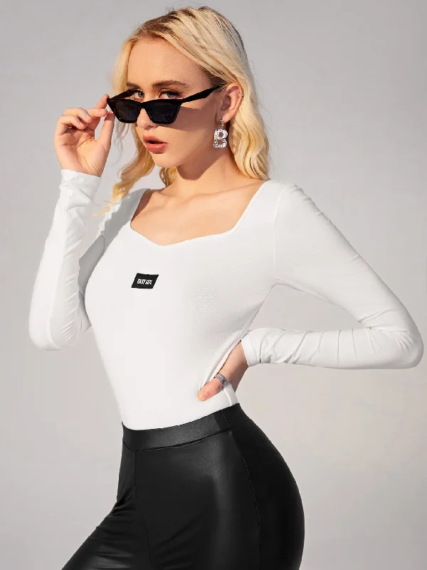 Casual Letter Patched Long Sleeve Sweetheart Natural Women Bodysuit