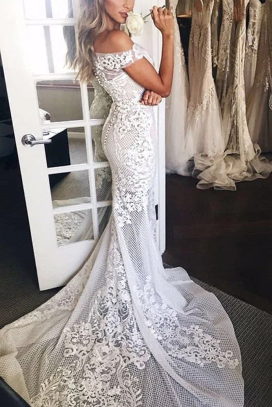 Mermaid Lace Appliques Sheer Mermaid Wedding Dress