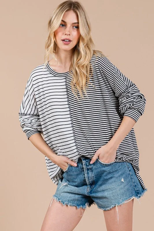 Ces Femme Striped Round Neck Long Sleeve Knit Top