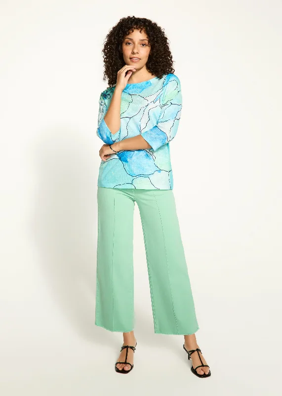 3/4 Sleeve Drop Shoulder Boat-Neck Top, Blue Tableau