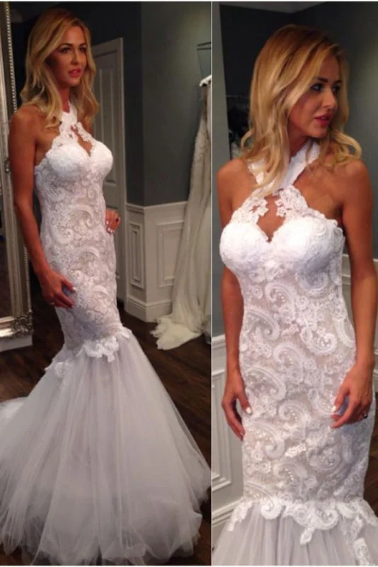 Mermaid Halter Sleeveless Tulle with Lace Appliques Long Wedding Dress